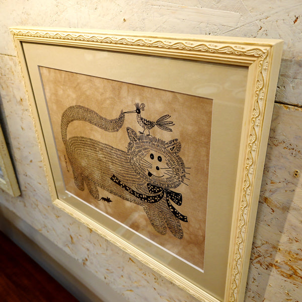 猫とネズミと鳥 スウェーデン アート ハイジ ランゲ シルクスクリーン Heidi Lange Sweden 北欧 【額送A】