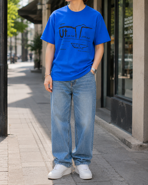 UT クジラ アペテラ オリジナルデザイン Tシャツ ロイヤル ブルー Ut pa tur, aldri sur