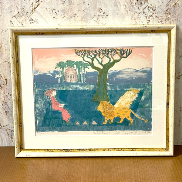 スウェーデン アート リトグラフ 壁掛け 絵画 私の風景の中のライオン ヘルムトルート二ストロム A lion in my landscape  Sweden lithograph Helmtrud Nystrom 【額送A】