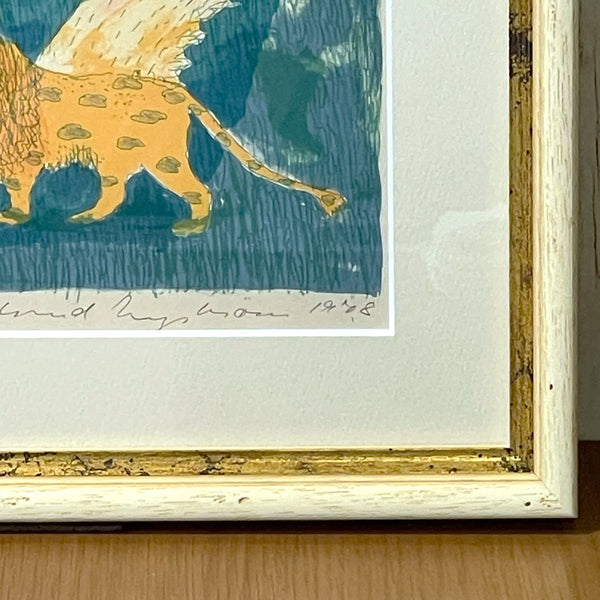 スウェーデン アート リトグラフ 壁掛け 絵画 私の風景の中のライオン ヘルムトルート二ストロム A lion in my landscape  Sweden lithograph Helmtrud Nystrom 【額送A】