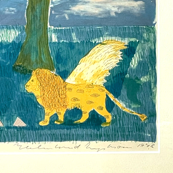 スウェーデン アート リトグラフ 壁掛け 絵画 私の風景の中のライオン ヘルムトルート二ストロム A lion in my landscape  Sweden lithograph Helmtrud Nystrom 【額送A】