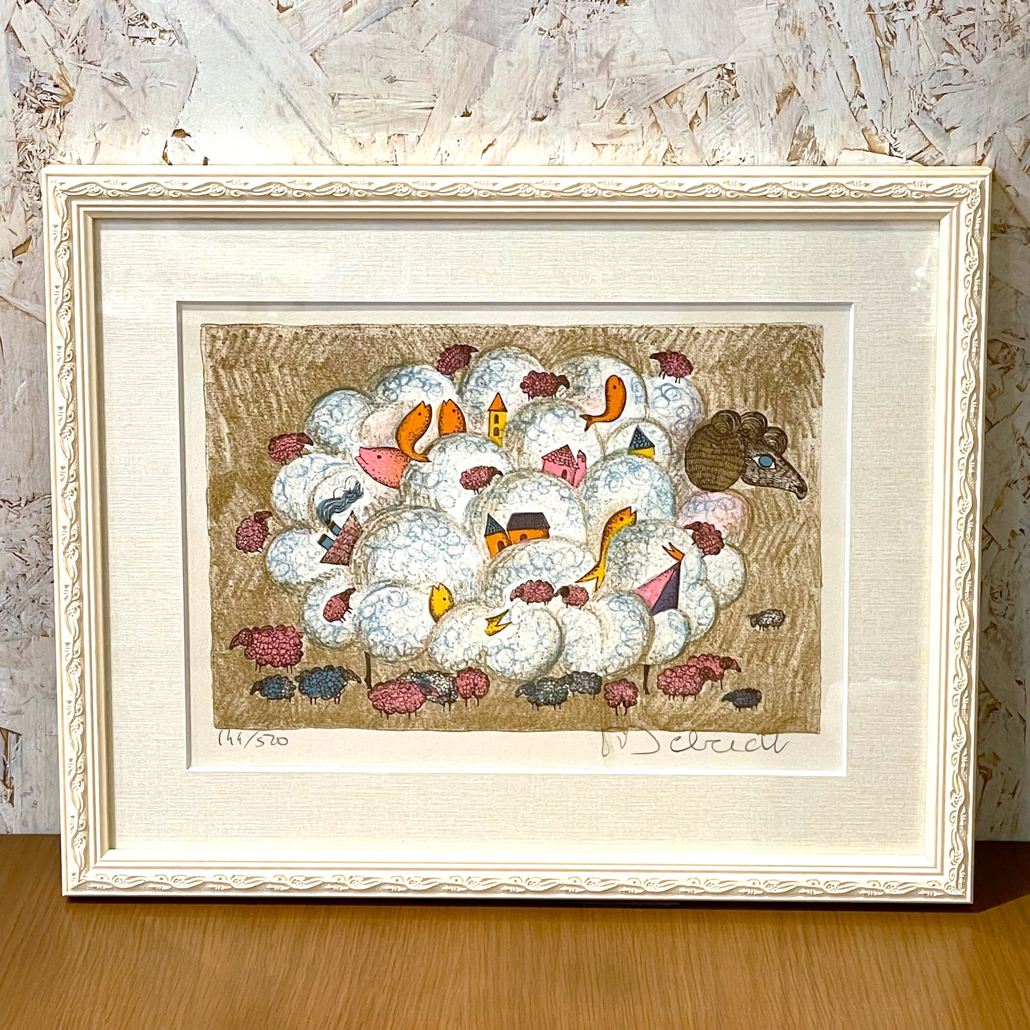 ラヴェルニア「白い壺」リトグラフ 静物画 額装 版画 インテリア #347-2 フランス アート リトグラフ 壁掛け 絵画 羊 France lithograph