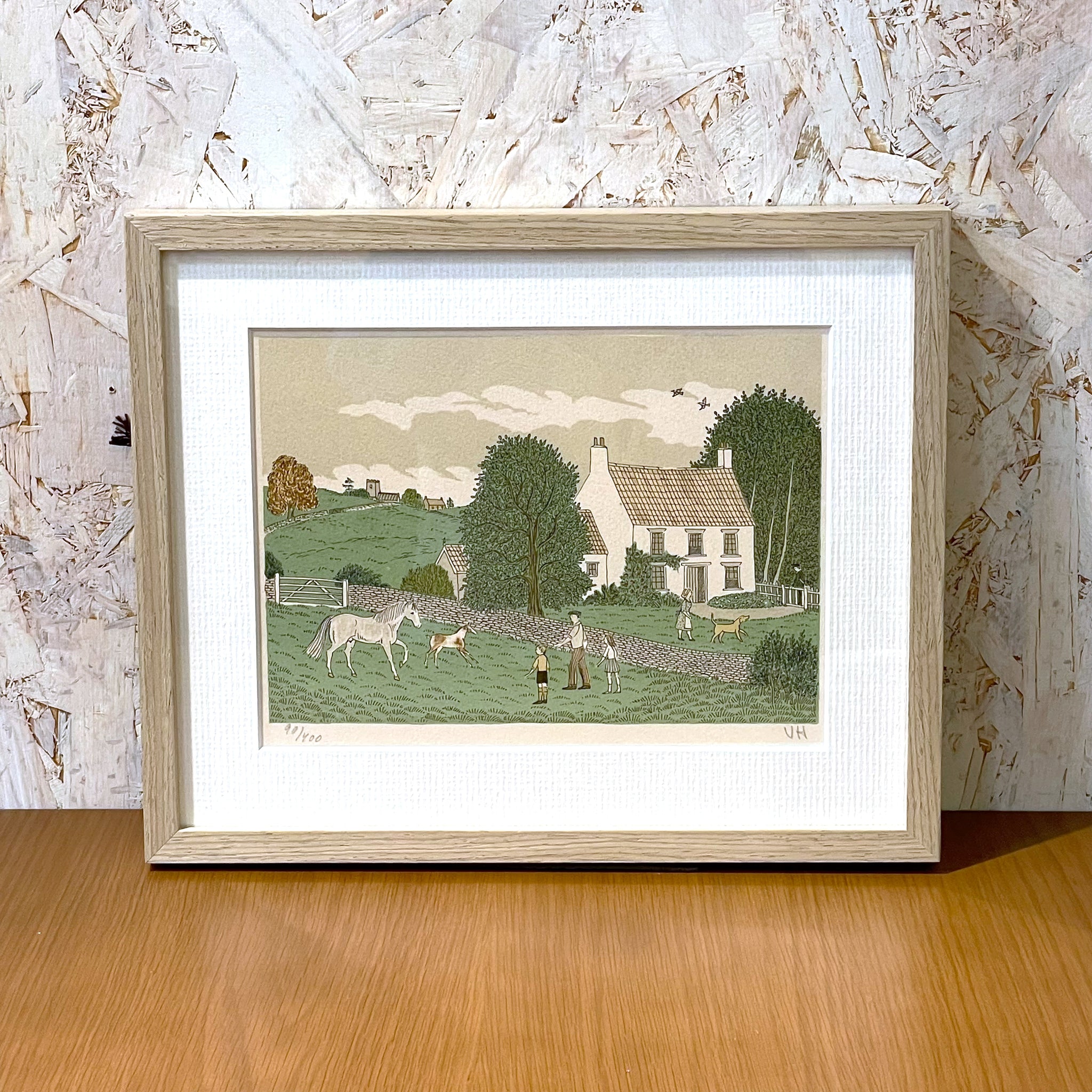 イングランド アート リトグラフ 壁掛け 絵画 馬と家族とお家 England