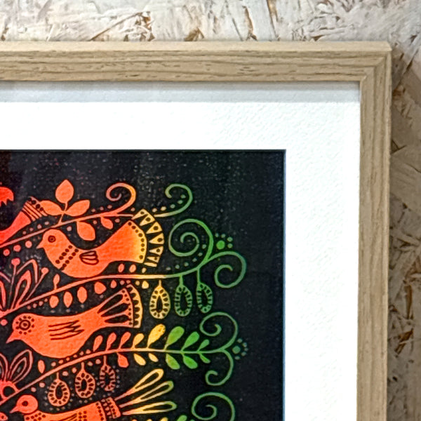 スウェーデン アート ハイジランゲ シルクスクリーン ハンドペイント 壁掛け 絵画 バードツリー ミックス カラフル Sweden  Heidi Lange【額送A】