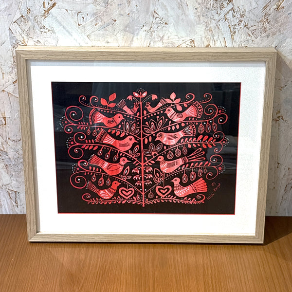 スウェーデン アート ハイジランゲ シルクスクリーン ハンドペイント 壁掛け 絵画 バードツリー 赤 red Sweden  Heidi Lange【額送A】