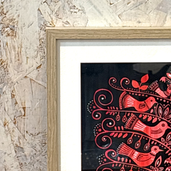 スウェーデン アート ハイジランゲ シルクスクリーン ハンドペイント 壁掛け 絵画 バードツリー 赤 red Sweden  Heidi Lange【額送A】