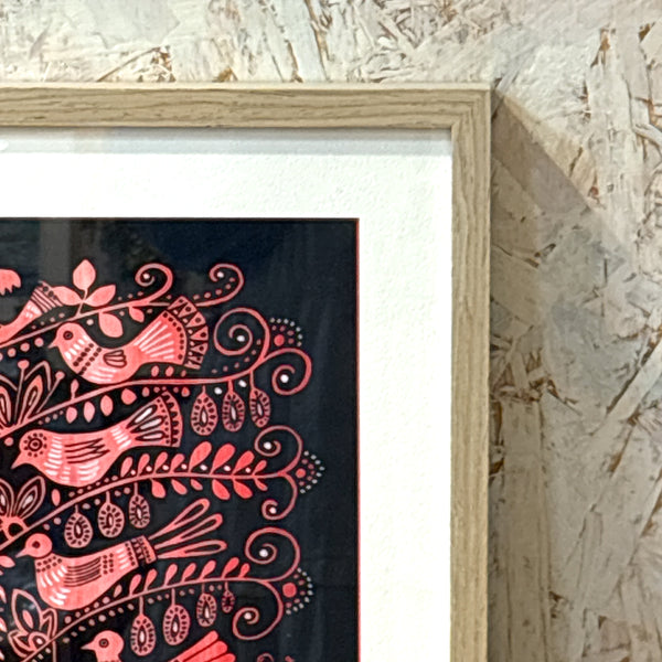 スウェーデン アート ハイジランゲ シルクスクリーン ハンドペイント 壁掛け 絵画 バードツリー 赤 red Sweden  Heidi Lange【額送A】
