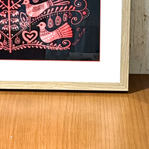 スウェーデン アート ハイジランゲ シルクスクリーン ハンドペイント 壁掛け 絵画 バードツリー 赤 red Sweden  Heidi Lange【額送A】