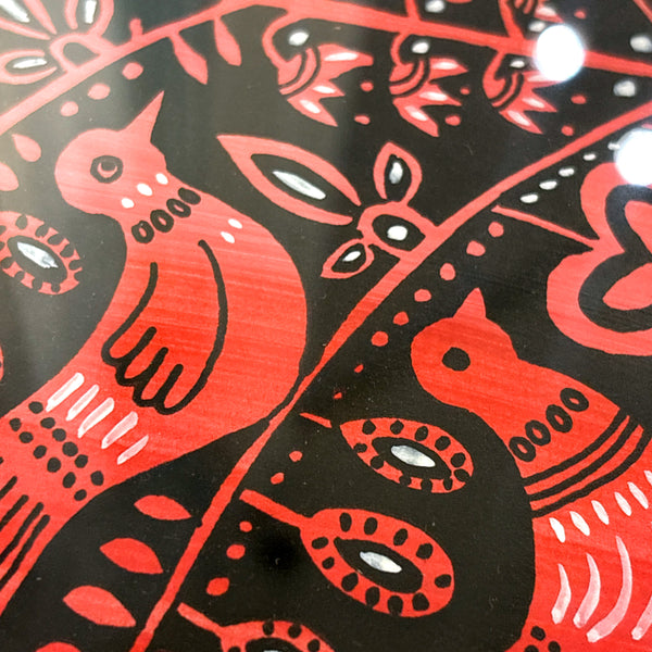 スウェーデン アート ハイジランゲ シルクスクリーン ハンドペイント 壁掛け 絵画 バードツリー 赤 red Sweden  Heidi Lange【額送A】