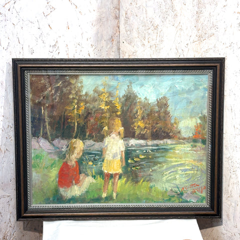 スウェーデン 油絵 湖の畔の二人 Two girls by the lake Sweden art oil painting 原画 アート 絵画 壁掛け 北欧 【額送C】