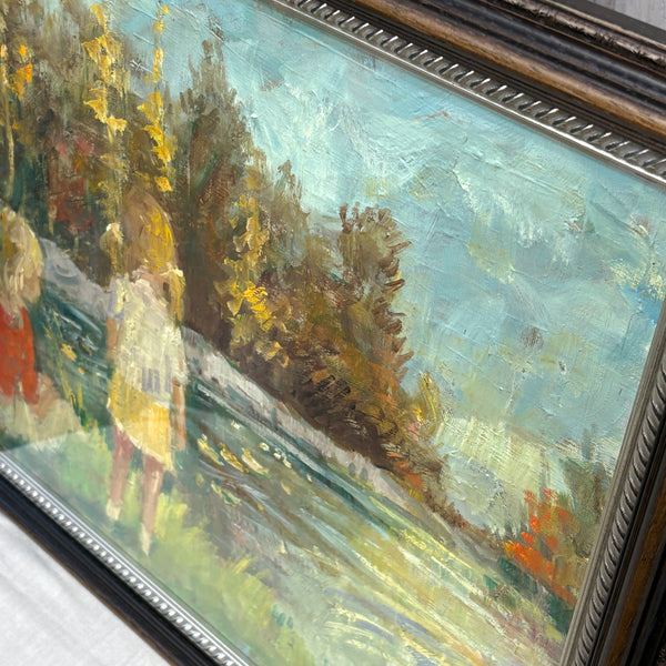 スウェーデン 油絵 湖の畔の二人 Two girls by the lake Sweden art oil painting 原画 アート 絵画 壁掛け 北欧 【額送C】