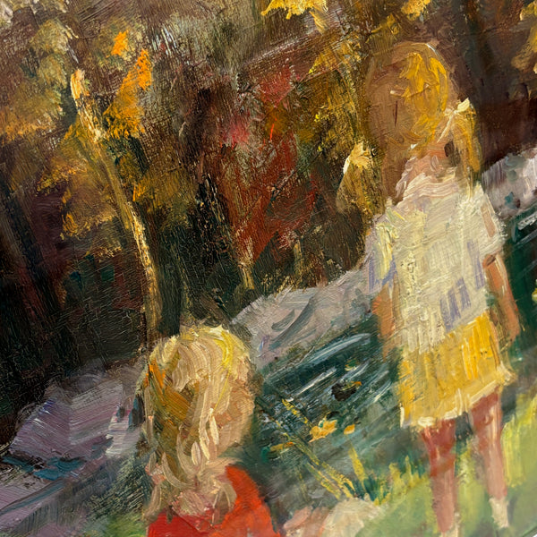 スウェーデン 油絵 湖の畔の二人 Two girls by the lake Sweden art oil painting 原画 アート 絵画 壁掛け 北欧 【額送C】