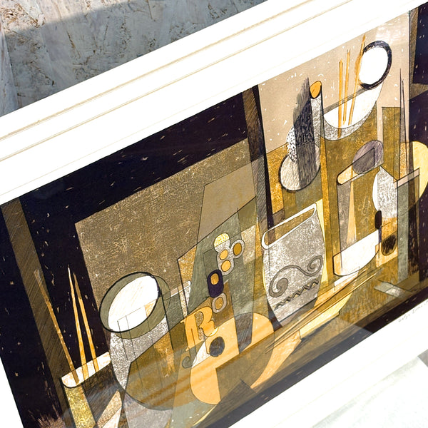 デンマーク アート アーティスト black brown リトグラフ ヘルゲエルンスト Stil life Denmark lithograph Helge Ernst 【額送C】
