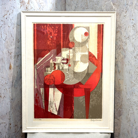 デンマーク アート ヘルゲ エルンスト アーティスト Red Grey リトグラフ composition.  Denmark lithograph Helge Ernst【額送C】