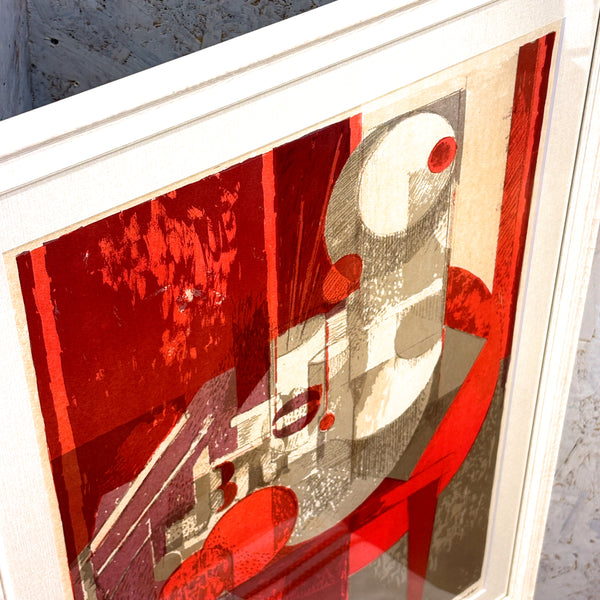 デンマーク アート ヘルゲ エルンスト アーティスト Red Grey リトグラフ composition.  Denmark lithograph Helge Ernst【額送C】