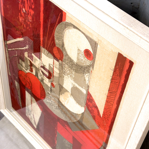 デンマーク アート ヘルゲ エルンスト アーティスト Red Grey リトグラフ composition.  Denmark lithograph Helge Ernst【額送C】