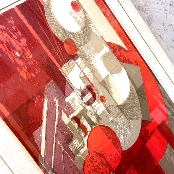 デンマーク アート ヘルゲ エルンスト アーティスト Red Grey リトグラフ composition.  Denmark lithograph Helge Ernst【額送C】