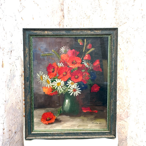スウェーデン アート 油絵 原画 静物画 ポピーとマーガレット Poppy and Margaret Sweden oil painting 壁掛け 【額送C】
