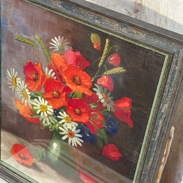 スウェーデン アート 油絵 原画 静物画 ポピーとマーガレット Poppy and Margaret Sweden oil painting 壁掛け 【額送C】