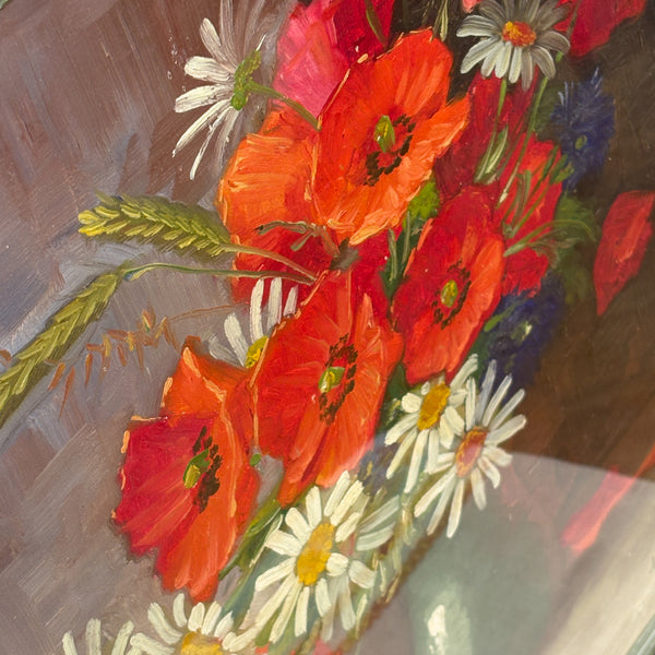 スウェーデン アート 油絵 原画 静物画 ポピーとマーガレット Poppy and Margaret Sweden oil painting 壁掛け 【額送C】