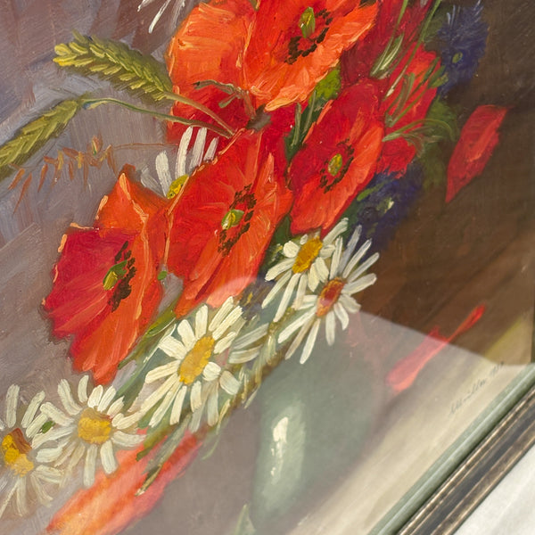 スウェーデン アート 油絵 原画 静物画 ポピーとマーガレット Poppy and Margaret Sweden oil painting 壁掛け 【額送C】