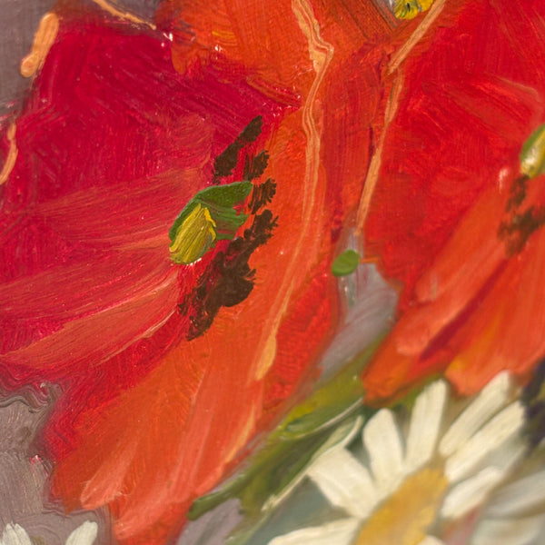 スウェーデン アート 油絵 原画 静物画 ポピーとマーガレット Poppy and Margaret Sweden oil painting 壁掛け 【額送C】