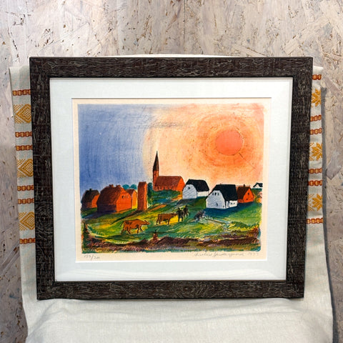 デンマーク リトグラフ アート 太陽の登る農村 Annelise Sondergaard Denmark 壁掛け 絵画 【額送A】