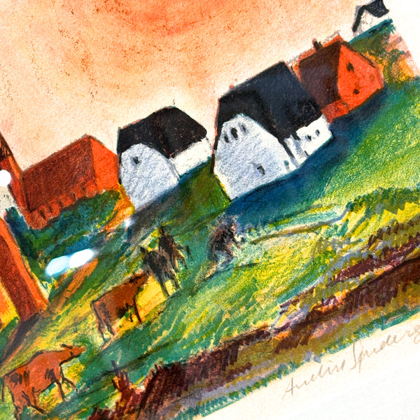 デンマーク リトグラフ アート 太陽の登る農村 Annelise Sondergaard Denmark 壁掛け 絵画 【額送A】