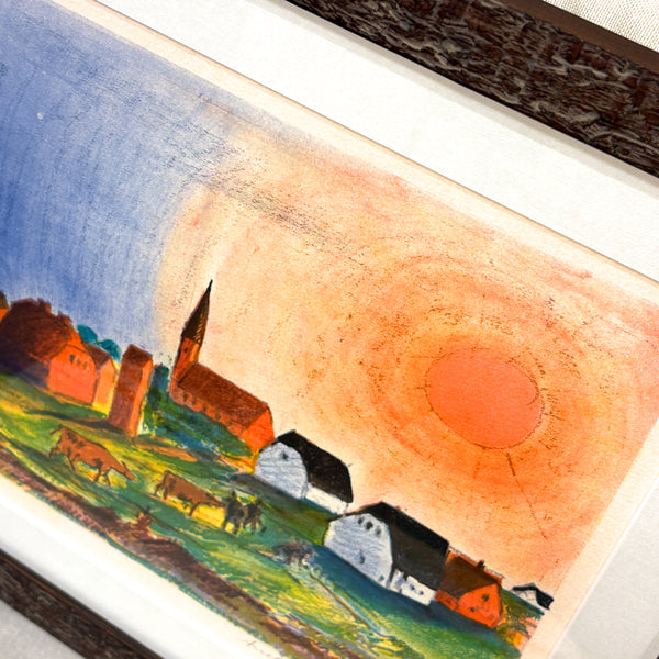 デンマーク リトグラフ アート 太陽の登る農村 Annelise Sondergaard Denmark 壁掛け 絵画 【額送A】