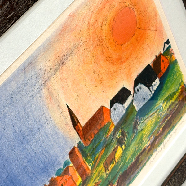 デンマーク リトグラフ アート 太陽の登る農村 Annelise Sondergaard Denmark 壁掛け 絵画 【額送A】