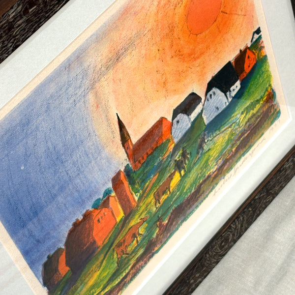 デンマーク リトグラフ アート 太陽の登る農村 Annelise Sondergaard Denmark 壁掛け 絵画 【額送A】